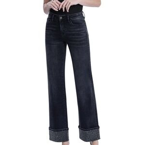 Flying Monkey Jeans Blk 28 Rhinestone Studded Cuffed Hem Mid Rise Slim Wide Leg